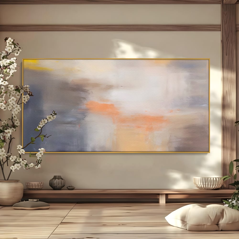 Tablou canvas cu pictura abstracta cu pete portocalii, in rama de aluminiu auriu